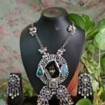 Silver Oxidized Flower Motif and Stones Long Necklace Set with Ghunghroo Detailing