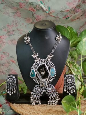 Silver Oxidized Flower Motif and Stones Long Necklace Set with Ghunghroo Detailing