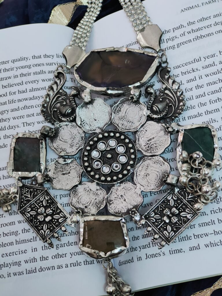 keyuram silver coin and stones necklace